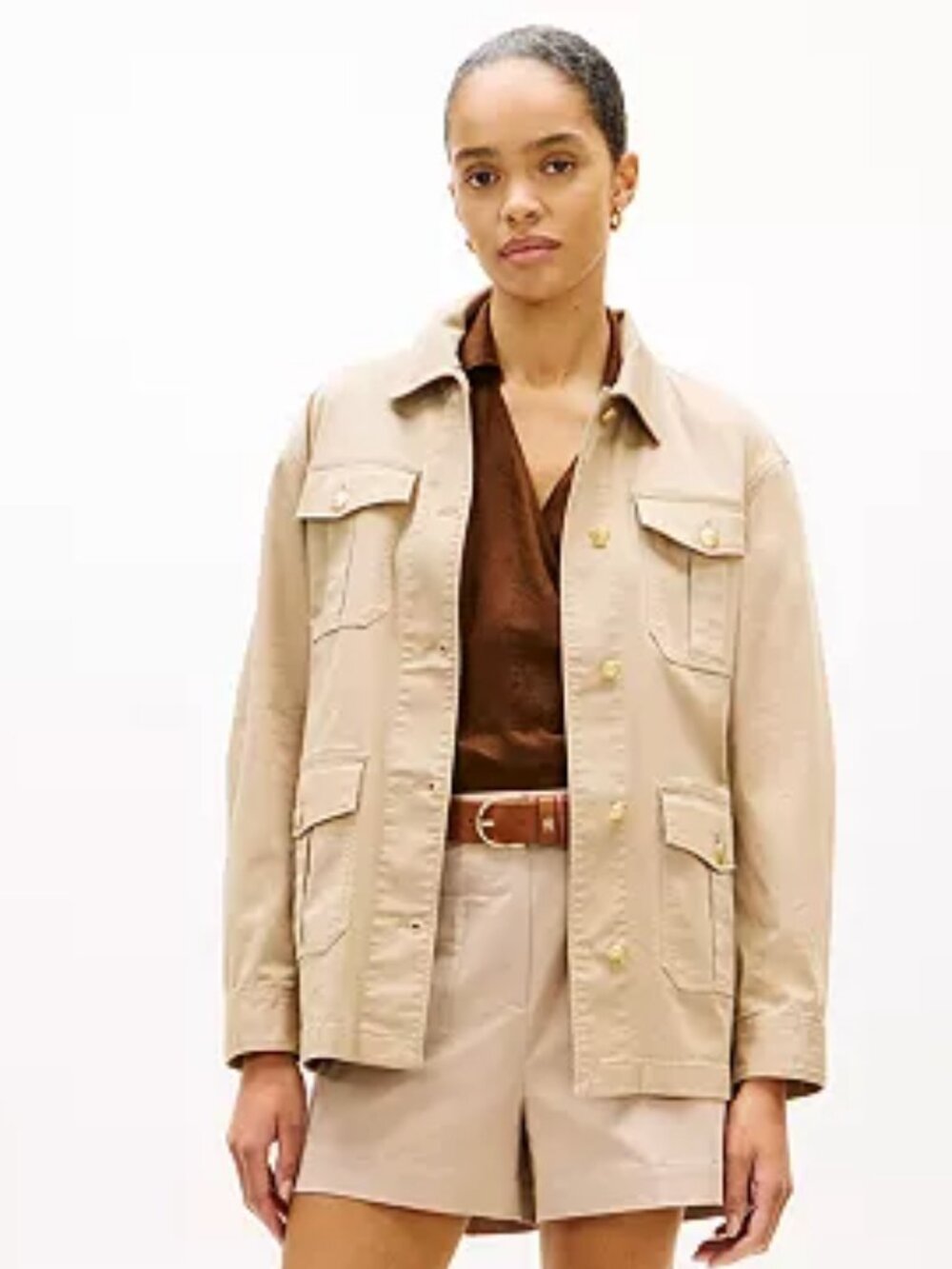 Tommy Hilfiger Women's Size Medium Beige Collared Front-Button Field Jacket